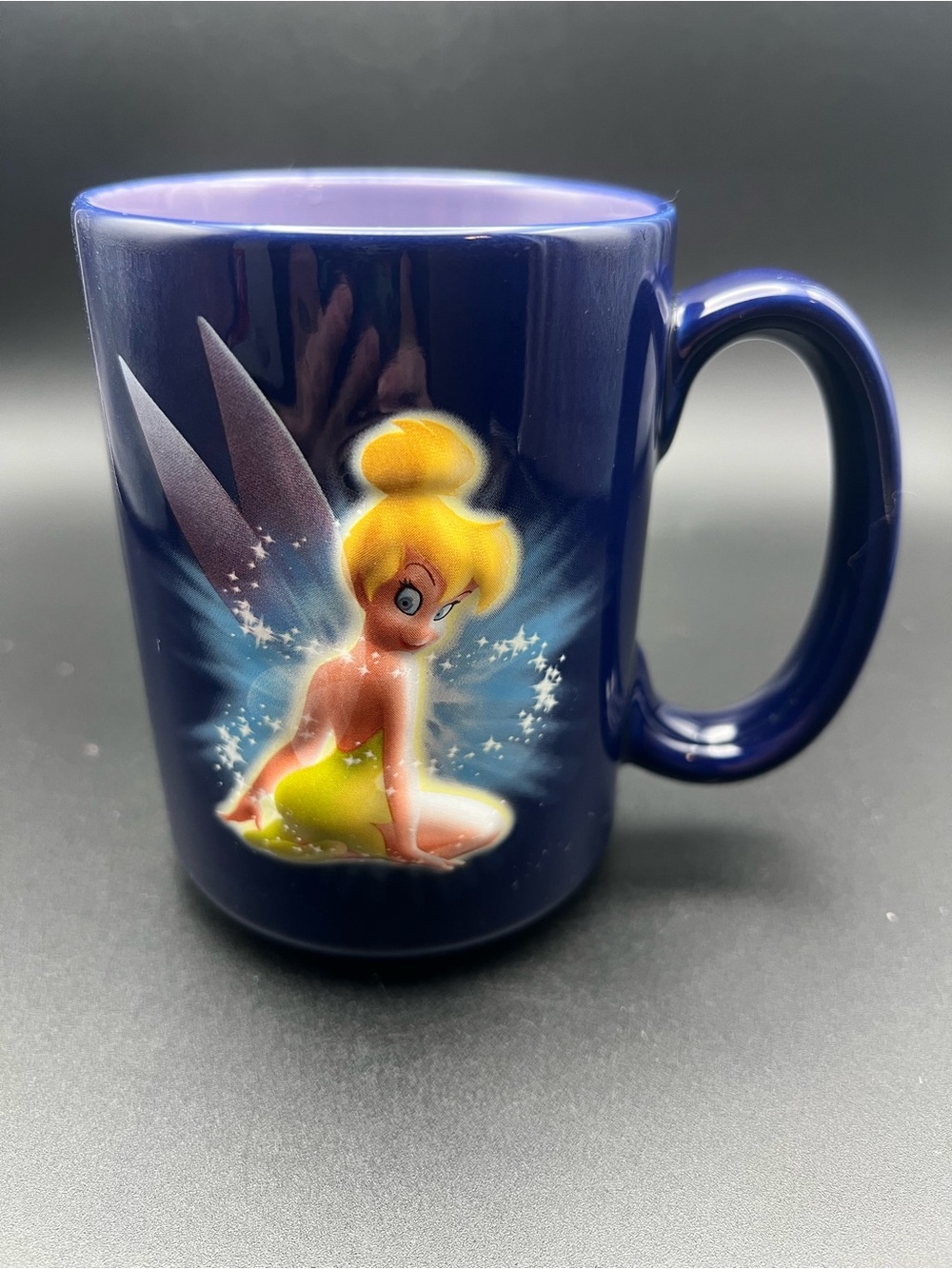 🧚Disney Store Tinker Bell Navy Blue Coffee Mug Lavender Purple Interior Tink